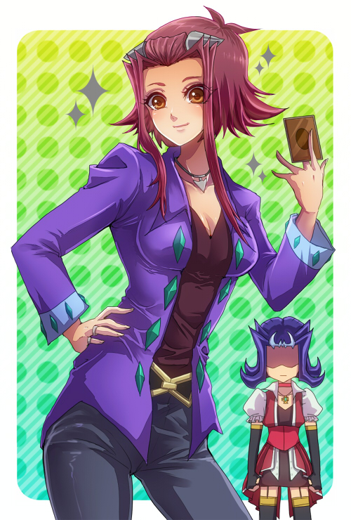 1boy 1girl belt breasts brown_eyes card cleavage cosplay costume_switch elbow_gloves female fingerless_gloves gloves hand_on_hip holding holding_card izayoi_aki jewelry kamishiro_ryoga long_hair looking_at_viewer male necklace open_clothes open_jacket polka_dot polka_dot_background purple_hair raijin-bh redhead ring skirt solo_focus sparkle thigh-highs yuu-gi-ou yuu-gi-ou_5d's yuu-gi-ou_zexal