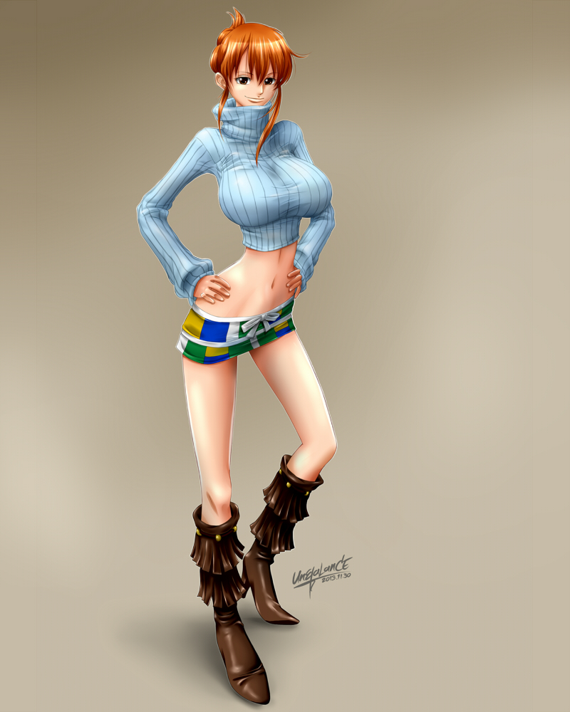 1girl boots breasts brown_eyes cowboy_boots crop_top dated duplicate hands_on_hips huge_breasts miniskirt nami navel one_piece orange_hair ribbed_sweater short_hair signature simple_background skirt smile sweater taut_clothes turtleneck unbalance updo