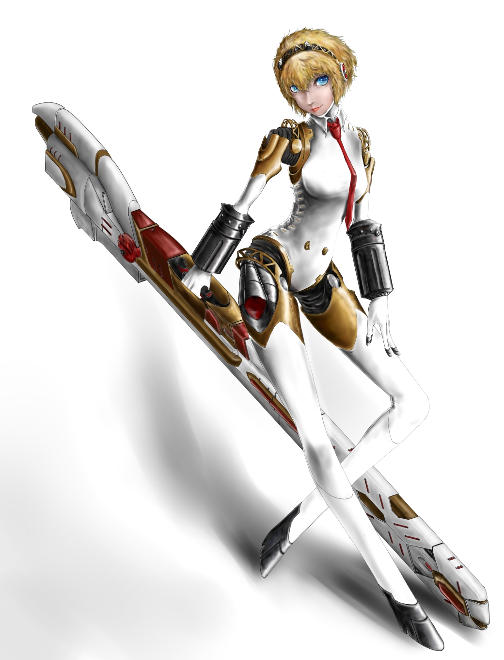 1girl aegis android blonde_hair blue_eyes breasts contrapposto gun hairband highres huge_weapon lips necktie no_feet no_nipples persona persona_3 rifle robot_joints short_hair smile solo weapon yuu_(primenumber7)