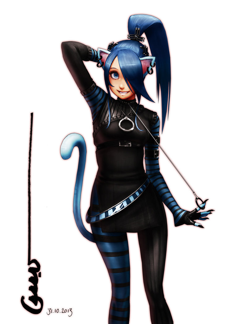 1girl animal_ears asymmetrical_clothes bangs belt blue_eyes blue_hair cat_ears cat_tail claws collar dated earrings felicia fingerless_gloves gloves hair_ornament hair_over_one_eye jewelry leash mismatched_legwear necklace omar_dogan ponytail signature smile solo striped striped_legwear tail vampire_(game)