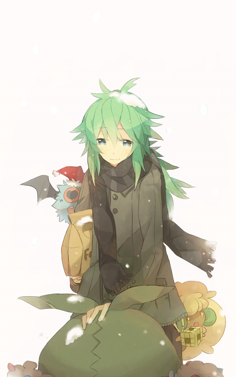 1boy alternate_costume green_eyes green_hair hat kashi_(number) n_(pokemon) pokemon pokemon_(creature) pokemon_(game) pokemon_bw santa_hat scarf trubbish whimsicott woobat