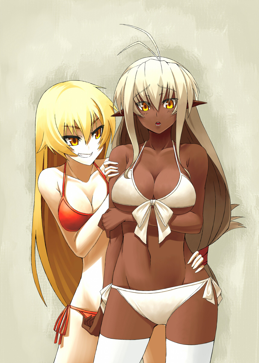 2girls antenna_hair ashikaga_chachamaru bare_shoulders bikini blonde_hair breast_hold breasts cleavage dark_skin grin highres inugoya long_hair multiple_girls navel open_mouth pointy_ears red_bikini sansei_muramasa side-tie_bikini silver_hair smile soukou_akki_muramasa swimsuit thighhighs very_long_hair white_bikini white_legwear white_swimsuit yellow_eyes