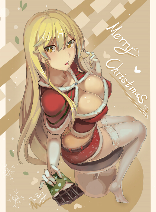 +_+ 1girl :p blonde_hair breasts chocolate_bar cleavage elbow_gloves gloves hair_twirling large_breasts long_hair looking_at_viewer santa_costume shokuhou_misaki sitting skirt smile solo stool thighhighs to_aru_kagaku_no_railgun to_aru_majutsu_no_index tongue walzrj white_gloves white_legwear yellow_eyes