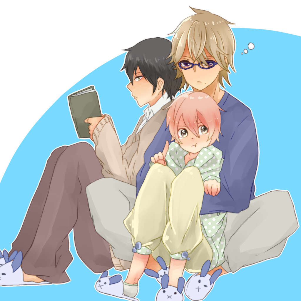 3boys :t black_hair blue-framed_glasses book brown_hair glasses grey_eyes male mikado_nagi multiple_boys ootori_eiichi pink_hair short_hair slippers sumeragi_kira uta_no_prince-sama uta_no_prince-sama_maji_love_2000_percent yellow_eyes