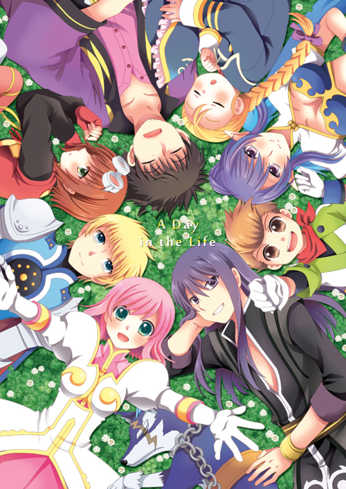 4boys 4girls armor black_eyes black_hair blonde_hair blue_eyes blue_hair bracelet braid brown_eyes brown_hair chain circle_formation clenched_hand coat dog estellise_sidos_heurassein everyone flower flynn_scifo from_above gloves goggles goggles_on_head grass green_eyes hanyuu_(artist) hat hat_removed headwear_removed jewelry judith karol_capel long_hair multiple_boys multiple_girls outstretched_hand patty_fleur pink_hair raven_(tov) repede rita_mordio short_hair sleeping smile tales_of_(series) tales_of_vesperia yuri_lowell