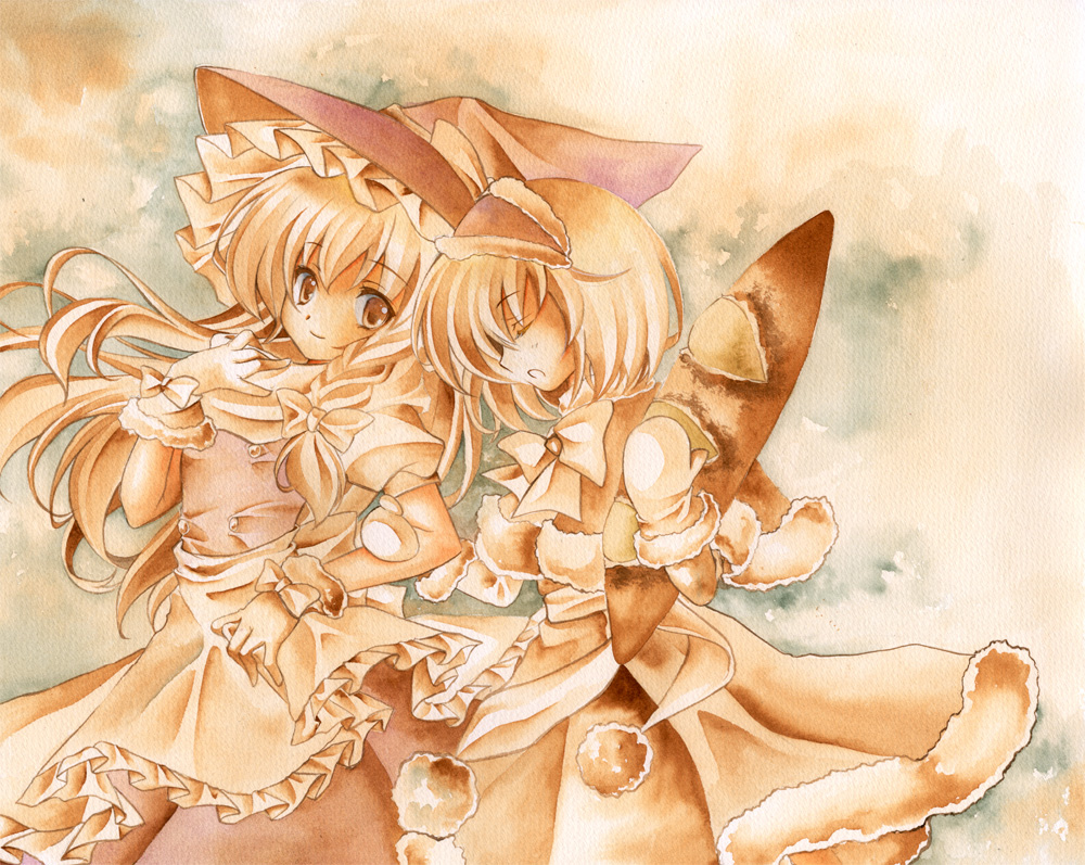 2girls alice_margatroid apron arm_holding baguette blonde_hair bow braid bread calligraphy_brush_(medium) capelet chinako closed_eyes dress food fur_trim graphite_(medium) hair_bow hairband hand_on_own_chest hat kirisame_marisa long_hair looking_at_viewer mittens multicolored_background multiple_girls open_mouth puffy_short_sleeves puffy_sleeves scarf sepia short_hair short_sleeves single_braid skirt skirt_set smile touhou traditional_media waist_apron watercolor_(medium) witch_hat wrist_cuffs