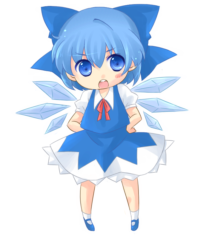 1girl blue_hair cirno deformed hands_on_hips ice ice_wings open_mouth ryou-tan+ short_hair solo touhou wings
