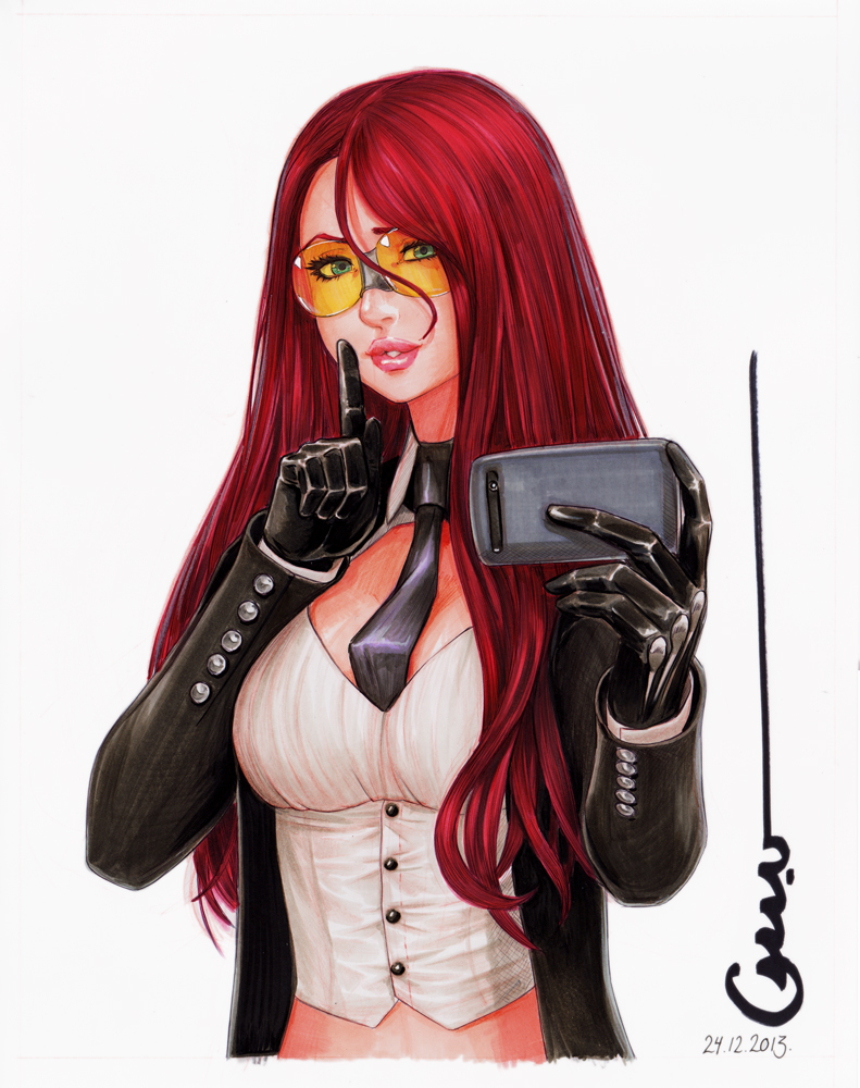 1girl ahoge cellphone cleavage_cutout crimson_viper dated finger_to_mouth gloves hair_down long_hair marker_(medium) midriff necktie necktie_between_breasts omar_dogan phone redhead shushing signature solo street_fighter street_fighter_iv sunglasses traditional_media