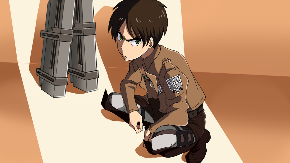 1boy brown_hair eren_jaeger glaring green_eyes kill_la_kill parody pout shingeki_no_kyojin squatting strap three-dimensional_maneuver_gear uniform