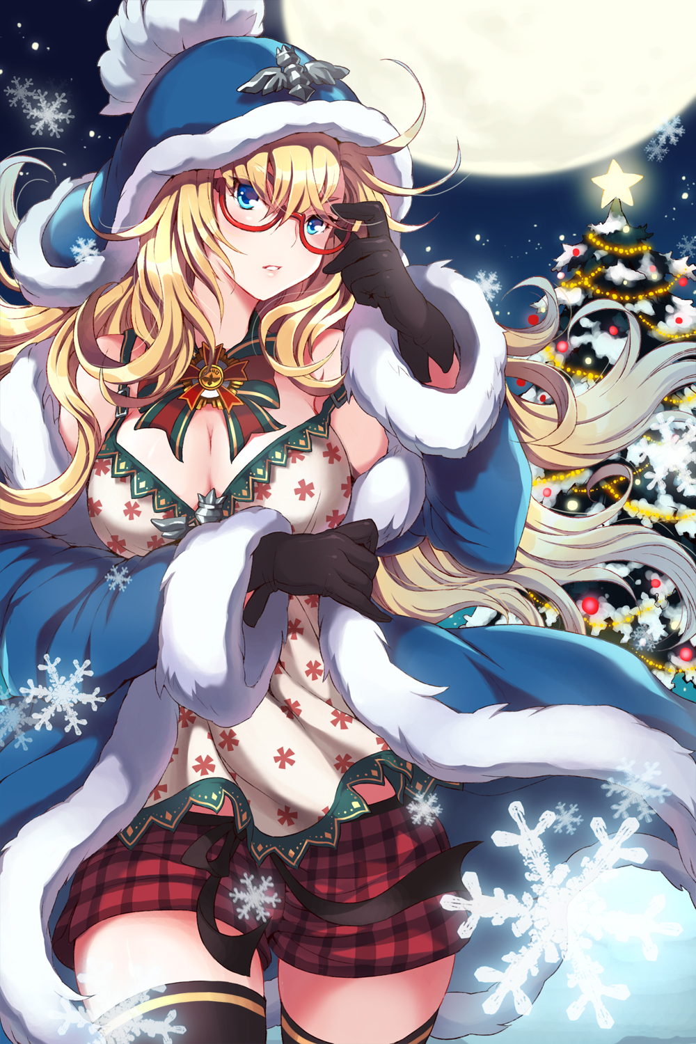 1girl blonde_hair blue_eyes bow breasts christmas christmas_tree cleavage full_moon fur_trim glasses gloves hat highres jacket long_hair moon night outdoors pine_tree quartermaster_knight red-framed_glasses ribbon shorts sky snowflakes snowing solo star sword_girls thighhighs tree wooni