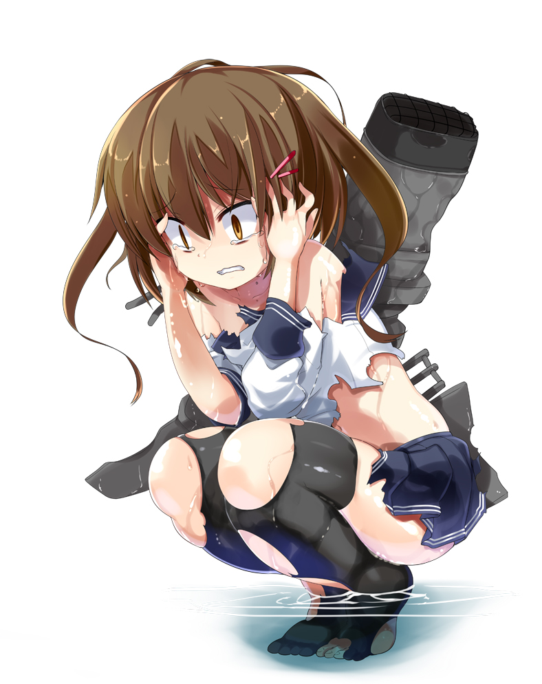 1girl brown_eyes brown_hair commentary crying crying_with_eyes_open hair_ornament hairclip ikazuchi_(kantai_collection) kantai_collection mamo_williams midriff open_mouth pantyhose personification pleated_skirt school_uniform serafuku short_hair skirt solo tears thighhighs torn_clothes torn_pantyhose zettai_ryouiki