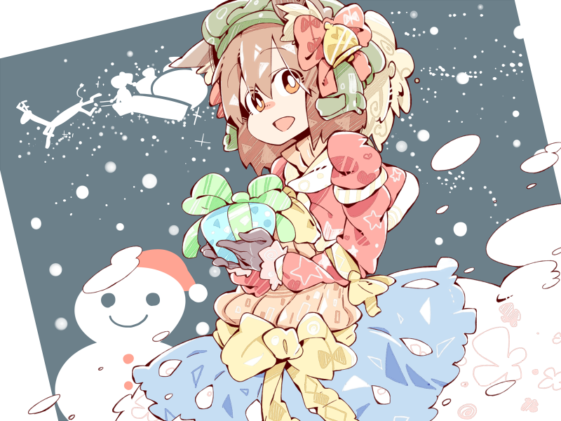 1girl brown_eyes brown_hair christmas coat gift gloves hagiwara_yukiho hat idolmaster ribbon smile snow snowman solo sutores741 winter