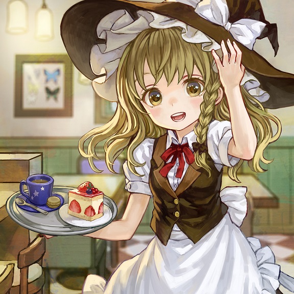 1girl album_cover ama-tou apron blonde_hair bow braid butterfly cake chair cover cup food hat hat_bow kirisame_marisa looking_at_viewer open_mouth shirt single_braid smile solo spoon table teacup touhou tray vest waist_apron witch_hat yellow_eyes