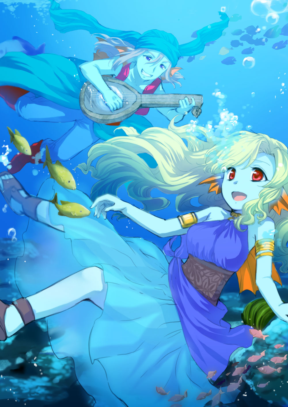 1boy 1girl :d armlet blue_skin boots dragon_quest dragon_quest_x dress fins fish head_fins highres instrument long_hair lute_(instrument) midoya_(icecandy) open_mouth purple_hair red_eyes sandals smile underwater vest weddie_(dq10) white_hair