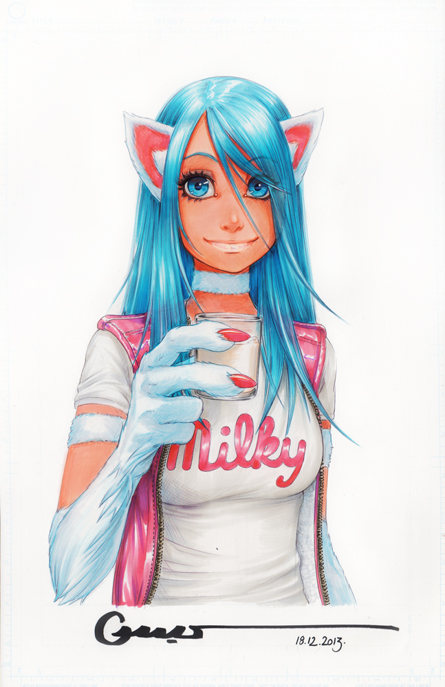 1girl animal_ears bangs blue_eyes blue_hair cat_ears choker claws cup dated felicia lips long_hair marker_(medium) omar_dogan signature simple_background solo t-shirt traditional_media vampire_(game) vest