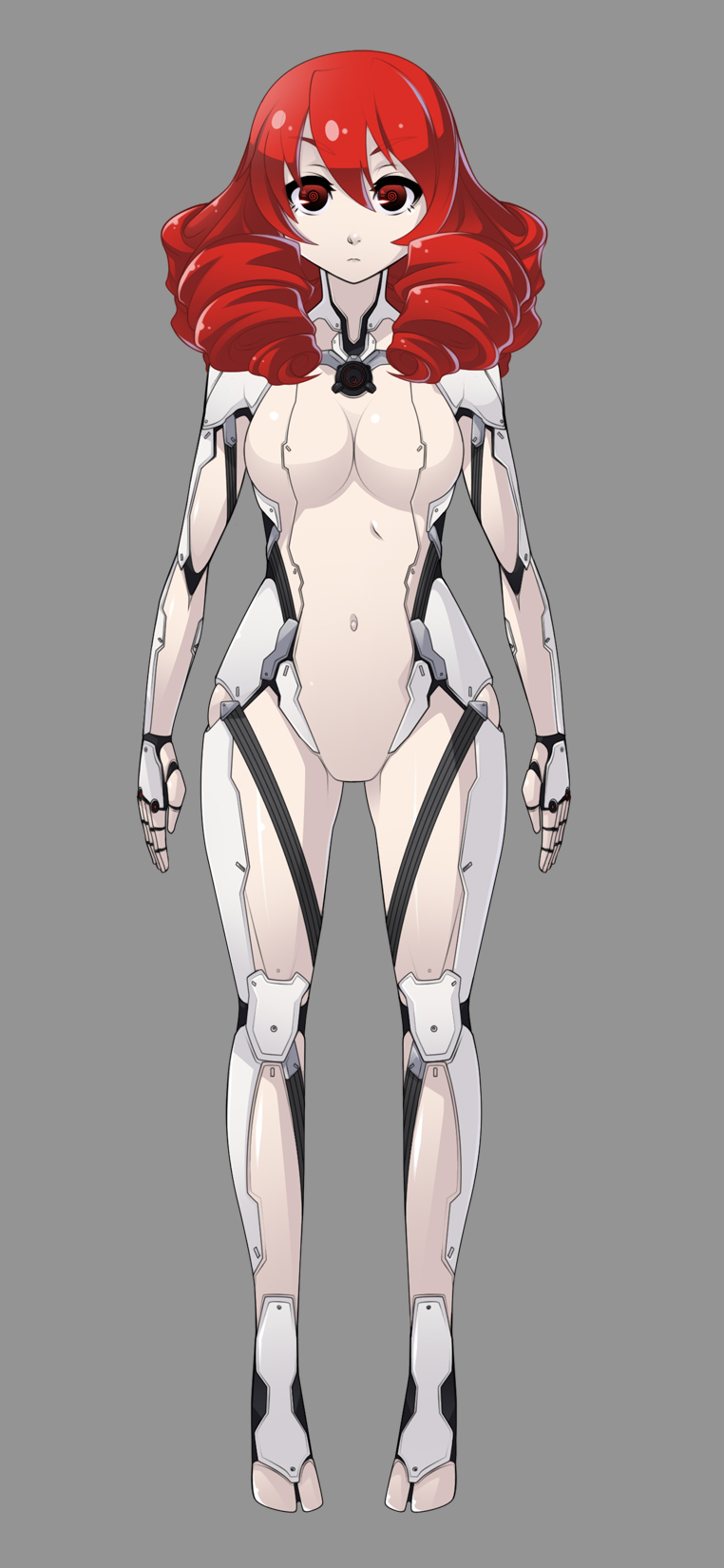1girl @_@ breasts drill_hair drill_kill full_body grey_background highres long_hair no_nipples original quad_drills red_eyes redhead robot_girl robot_joints solo spikewible symbol-shaped_pupils