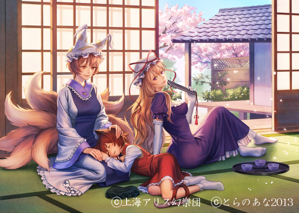 3girls animal_ears blonde_hair brown_hair cat_ears cat_tail chen cherry_blossoms closed_eyes closed_fan cup dress elbow_gloves esukee fan folding_fan fox_tail gloves hand_on_head hat hat_removed hat_ribbon hat_with_ears headwear_removed lap_pillow long_sleeves lying lying_on_lap mob_cap multiple_girls multiple_tails on_side open_dress petals petting puffy_sleeves purple_dress red_dress ribbon shirt short_sleeves sitting smile tabard tail tatami teacup touhou tray tree violet_eyes white_dress white_gloves wide_sleeves yakumo_ran yakumo_yukari yellow_eyes