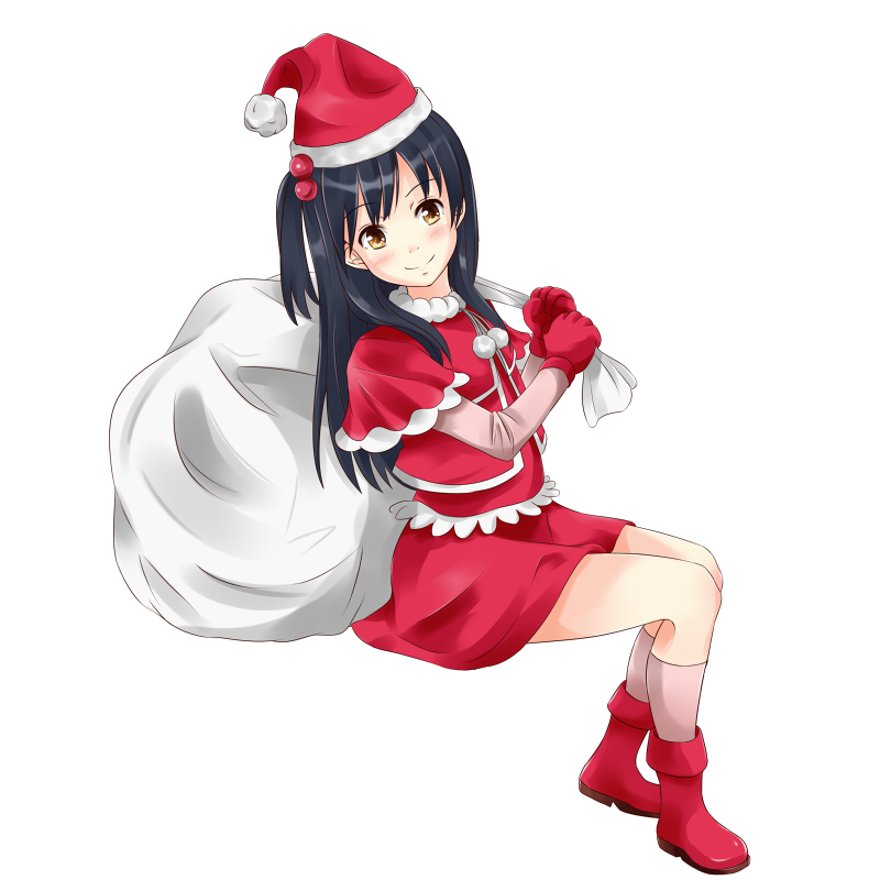 1girl black_hair brown_eyes gloves hat kitashirakawa_anko long_hair miro_(mmmyyyy) one_side_up sack santa_costume santa_hat side_ponytail tamako_market