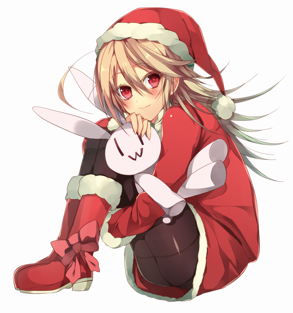 :3 blonde_hair blush boots bow christmas fujikiti hat long_hair original pantyhose red_eyes santa_costume santa_hat sitting stuffed_animal stuffed_bunny stuffed_toy |_|