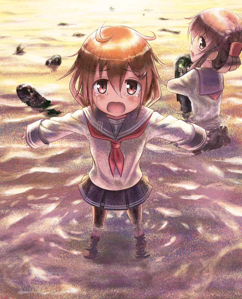 2girls brown_eyes brown_hair crying crying_with_eyes_open fang hair_ornament hairclip ikazuchi_(kantai_collection) inazuma_(kantai_collection) kantai_collection long_hair looking_at_viewer misoinu multiple_girls open_mouth partially_submerged personification school_uniform serafuku short_hair skirt tears