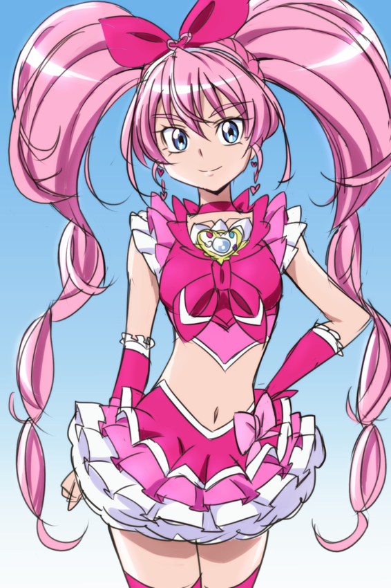 1girl blue_background blue_eyes brooch choker cure_melody frilled_skirt frills gradient gradient_background hand_on_hip heart houjou_hibiki jewelry long_hair looking_at_viewer magical_girl manji_(tenketsu) midriff navel pink_hair precure skirt smile solo suite_precure thighhighs twintails