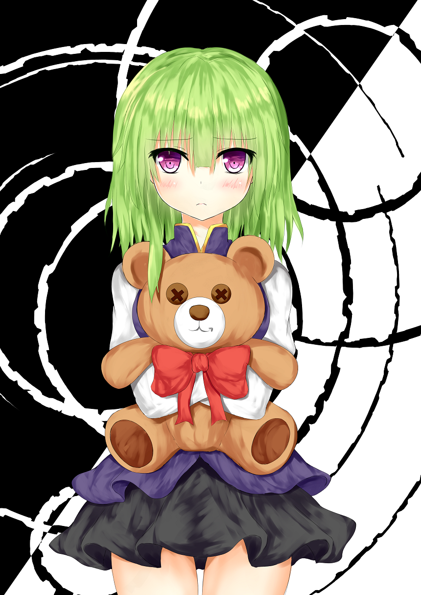 1girl blush button_eyes frown green_hair highres layered_dress long_sleeves looking_at_viewer mikage000 no_hat object_hug shikieiki_yamaxanadu short_hair solo stuffed_animal stuffed_toy teddy_bear touhou two-tone_background violet_eyes