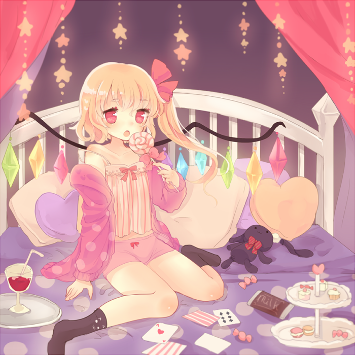 1girl bare_shoulders bed bike_shorts blonde_hair candy card chocolate collarbone cookie cup flandre_scarlet food hair_ribbon heart heart_pillow karunabaru lollipop looking_at_viewer off_shoulder on_bed open_clothes open_jacket open_mouth pillow pink_eyes ribbon side_ponytail sitting sitting_on_bed solo stuffed_animal stuffed_bunny stuffed_toy touhou tray undershirt wariza wine_glass wings
