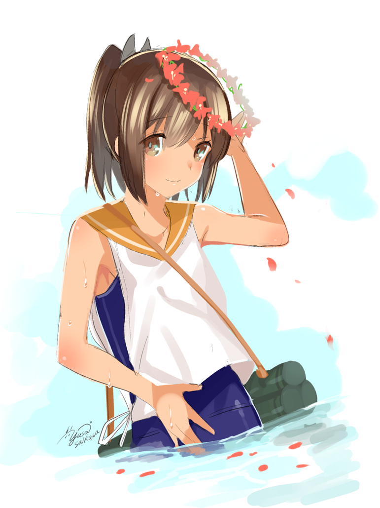 1girl blush brown_eyes brown_hair dripping i-401_(kantai_collection) kantai_collection looking_at_viewer one-piece_swimsuit partially_submerged personification petals ponytail sailor_collar school_swimsuit short_hair short_ponytail solo swimsuit udk water wreath