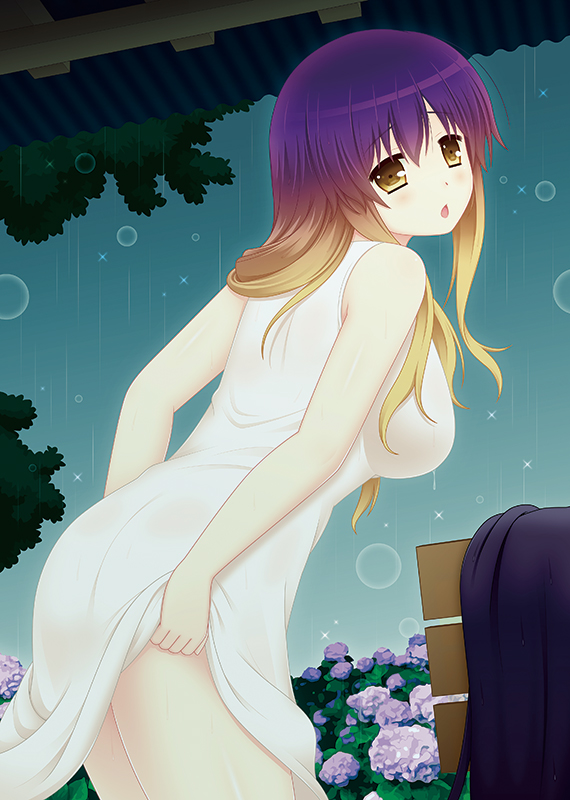 1girl ass blonde_hair breasts chestnut_mouth cpu_(hexivision) dress dress_lift gradient_hair hijiri_byakuren large_breasts long_hair looking_at_viewer multicolored_hair no_bra no_panties open_mouth purple_hair rain see-through sleeveless sleeveless_dress solo touhou turning undressing wet wet_clothes wet_dress white_dress yellow_eyes