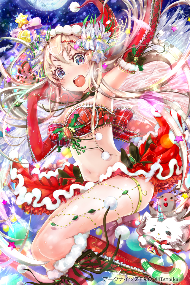 arc_knights_zero bandeau blonde_hair blue_eyes blush_stickers boots breasts candy_cane cat christmas cleavage elbow_gloves feathers gloves glowing hat jewelry knee_boots large_breasts long_hair navel official_art open_mouth party_hat santa_hat skirt smile soramu wings