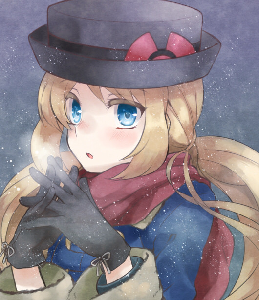 1girl black_gloves blonde_hair blue_eyes breath gloves hat interlocked_fingers irouha long_hair looking_at_viewer pokemon pokemon_(game) pokemon_xy porkpie_hat scarf serena_(pokemon) snowing solo winter_coat