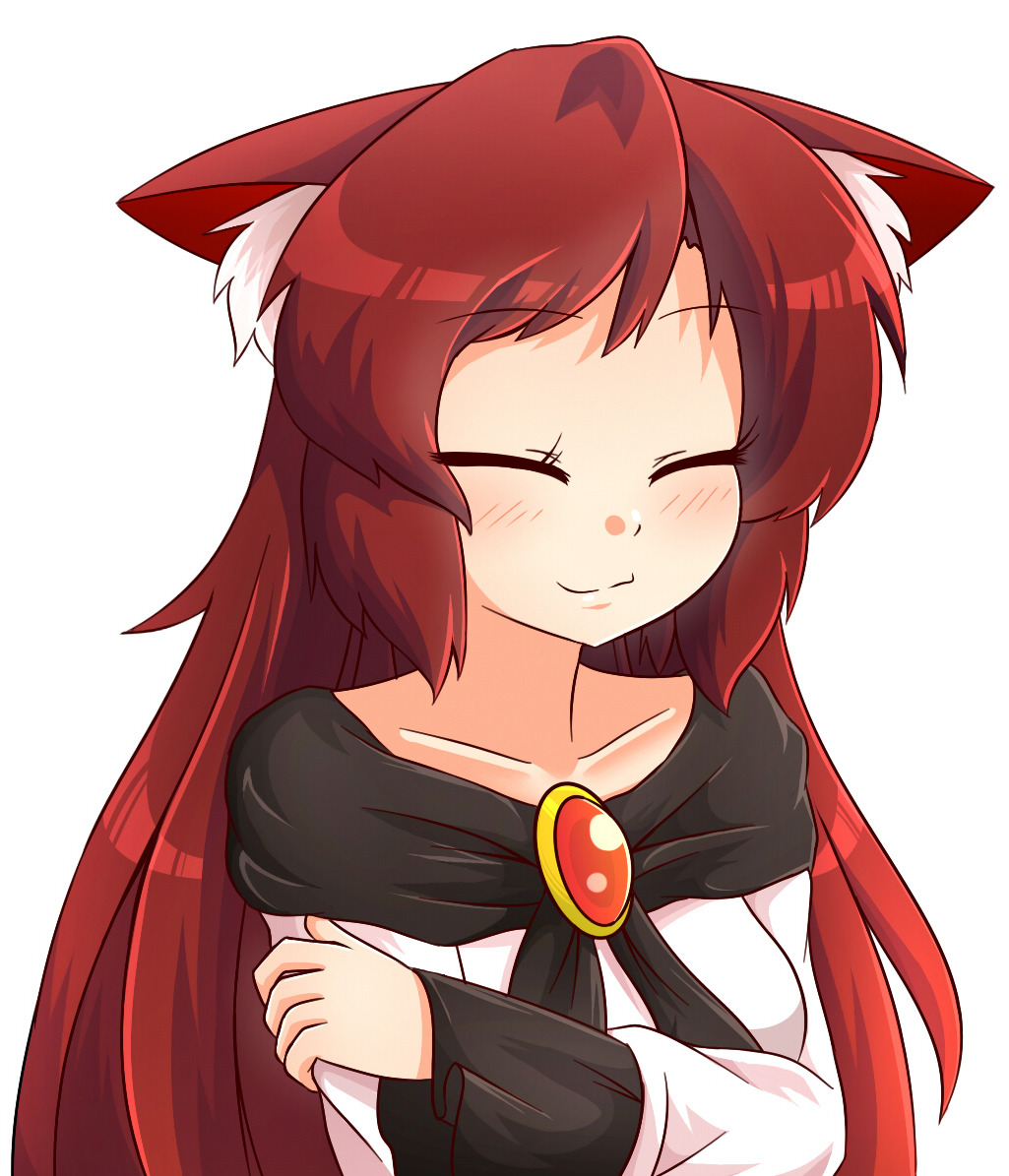 1girl animal_ears brooch brown_hair closed_eyes collarbone crossed_arms facing_away imaizumi_kagerou jewelry light_smile shawl simple_background solo touhou white_background wolf_ears wool_(miwol)