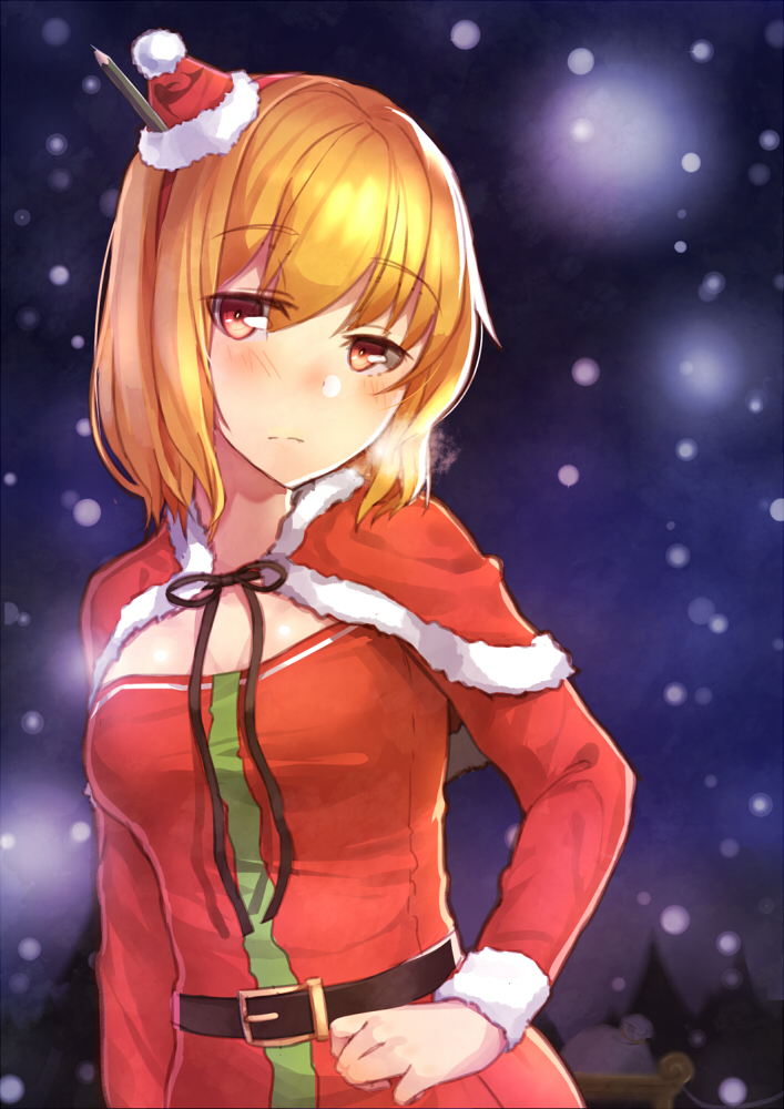 1girl belt blonde_hair blush capelet hat hitoshi_(pixiv3340857) mini_hat night night_sky original pencil red_eyes santa_costume santa_hat sky snow solo