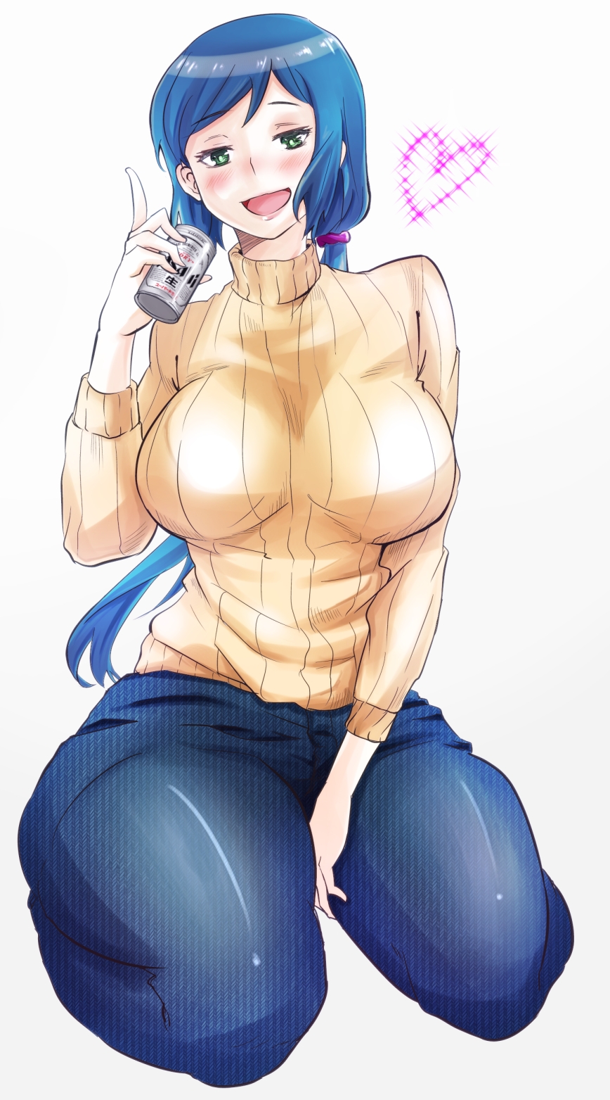 1girl alcohol asahi_(beer) beer blue_hair breasts drunk green_eyes gundam gundam_build_fighters heart highres iori_rinko jeans large_breasts lipstick long_hair makeup open_mouth ponytail ribbed_sweater rikosyegou sitting smile solo sweater white_background