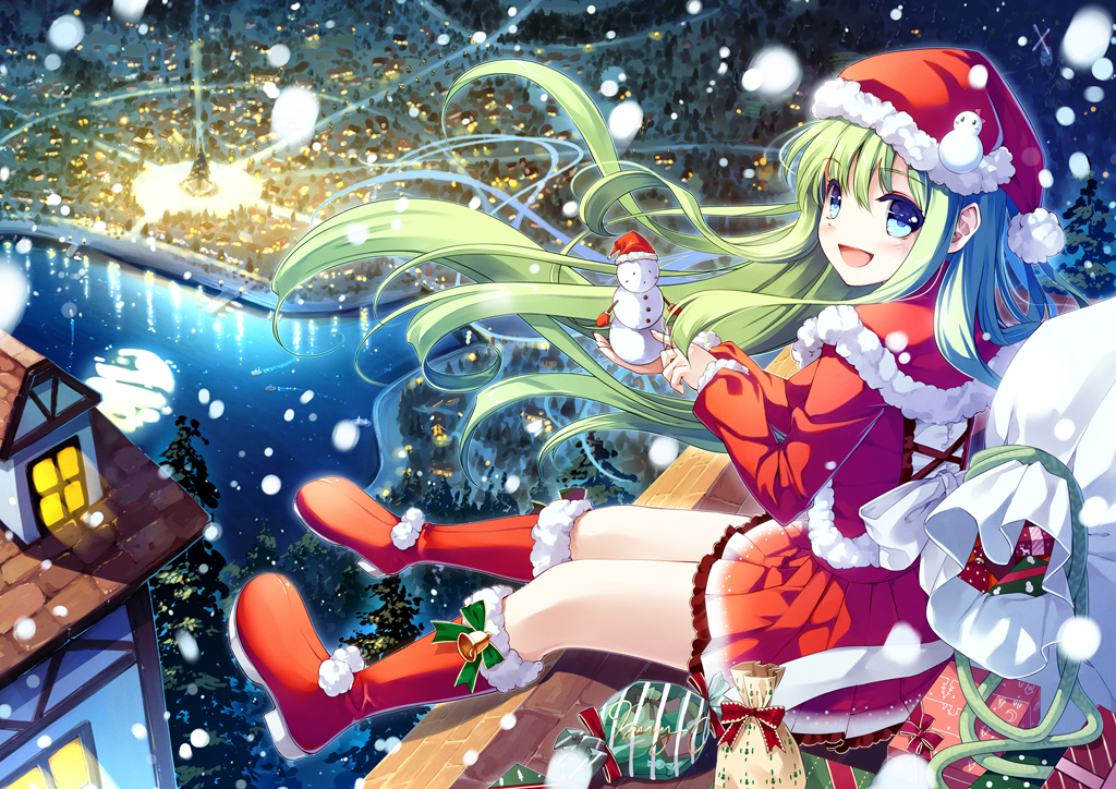 blue_eyes boots capelet christmas christmas_tree gift green_eyes green_hair hat lake long_hair miyase_mahiro original sack santa_costume santa_hat skirt smile snowing snowman town