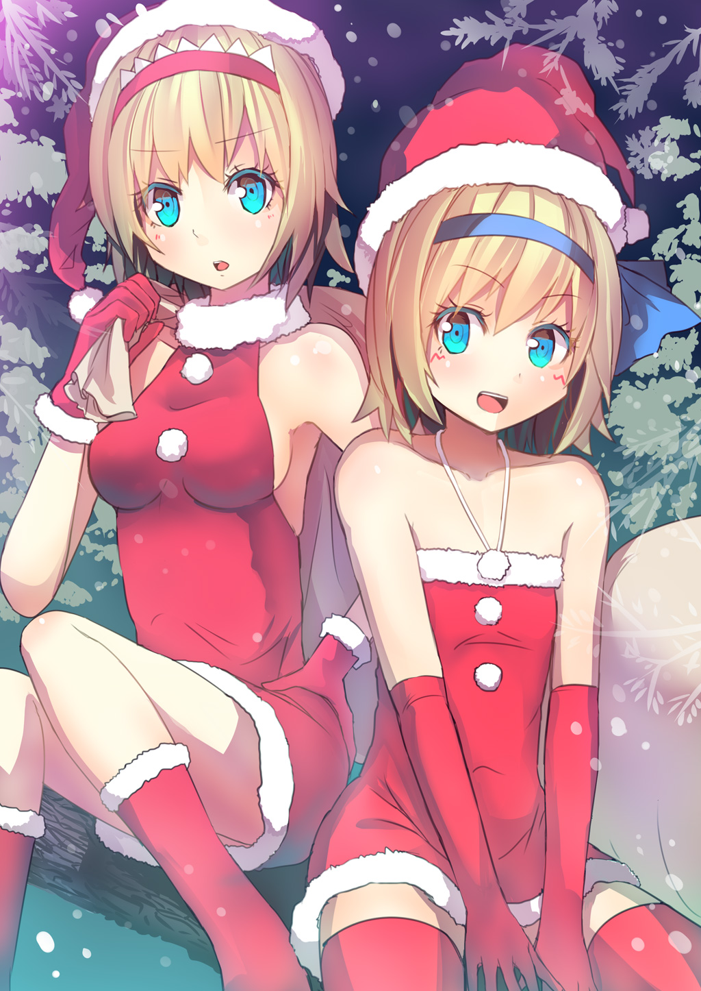 2girls alice_margatroid alice_margatroid_(pc-98) bare_shoulders blonde_hair blue_eyes culter dress dual_persona elbow_gloves gloves hair_ribbon hairband hat highres in_tree looking_at_viewer multiple_girls open_mouth red_boots red_gloves red_legwear ribbon santa_costume santa_hat sitting sitting_in_tree sleeveless sleeveless_dress smile strapless_dress thighhighs touhou touhou_(pc-98) tree v_arms zettai_ryouiki