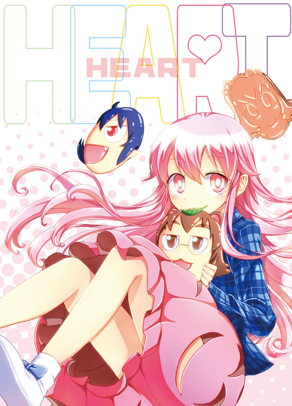 1girl character_mask english fang futatsuiwa_mamizou hata_no_kokoro heart houjuu_nue legs_up mask mikagami_hiyori motoori_kosuzu pink_eyes pink_hair plaid plaid_shirt skirt touhou