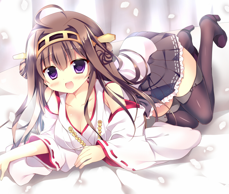 1girl antennae azumi_kazuki bare_shoulders black_legwear breasts brown_hair cleavage collarbone commentary_request detached_sleeves down_blouse hair_ornament kantai_collection kongou_(kantai_collection) large_breasts long_hair long_sleeves looking_at_viewer open_mouth petals shirt skirt smile solo thighhighs very_long_hair violet_eyes wide_sleeves zettai_ryouiki