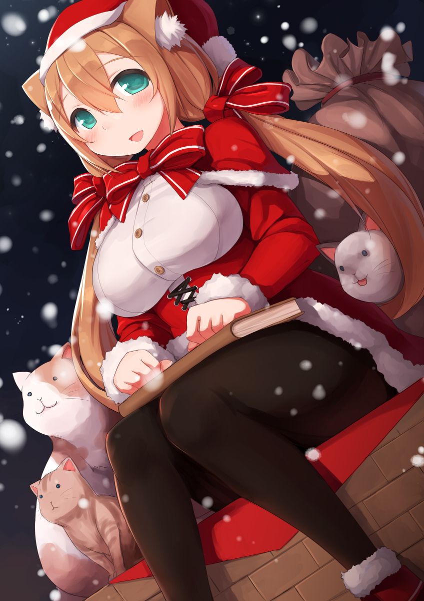 1girl animal_ears black_legwear book boots breasts brown_hair cat cat_ears dutch_angle green_eyes hat highres large_breasts long_hair low_twintails pantyhose sack santa_hat sitting smile snowing solo twintails zenn