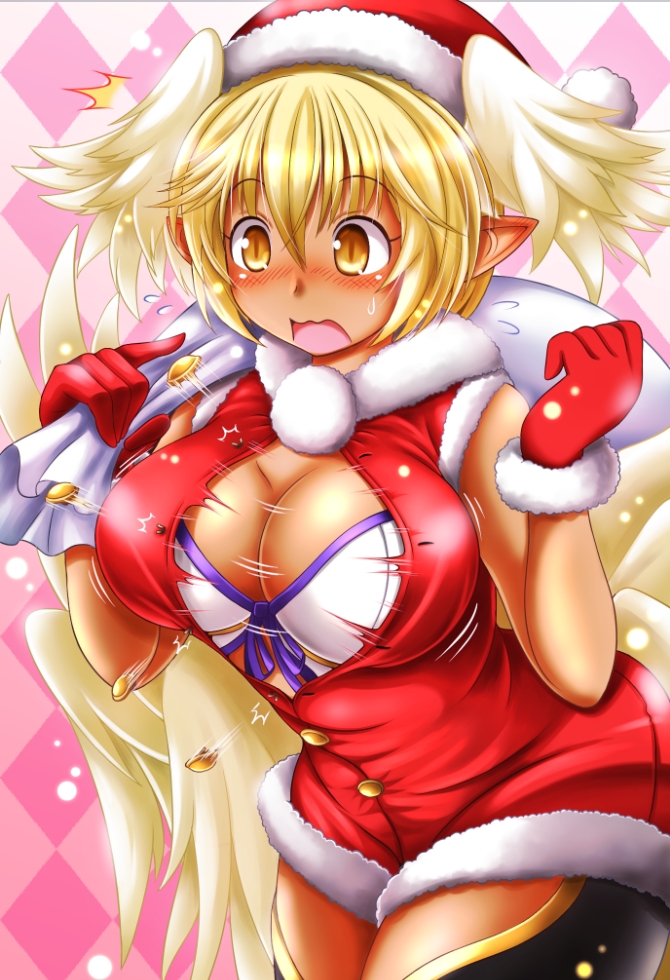 /\/\/\ 1girl alternate_costume blonde_hair blush breasts bursting_breasts buttons christmas cleavage dark_skin embarrassed full-face_blush fur_trim gloves hat head_wings kittan_(cve27426) large_breasts lilith_(shinrabanshou) low_wings open_mouth pointy_ears popped_button red_gloves sack santa_costume santa_hat shinrabanshou short_hair sleeveless slit_pupils solo sweatdrop wings yellow_eyes