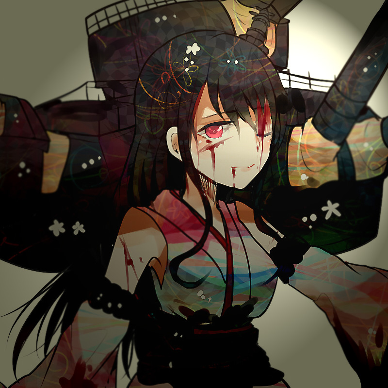 1girl bare_shoulders black_hair blood blush breasts cannon detached_sleeves fusou_(kantai_collection) hair_ornament injury itomugi-kun japanese_clothes kantai_collection long_hair miko personification red_eyes skirt smile solo turret