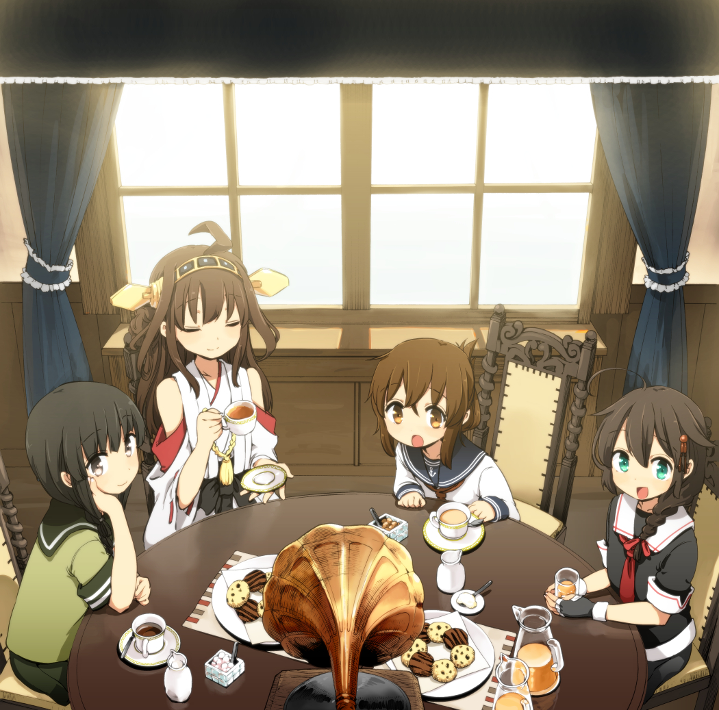 4girls aqua_eyes bangs bare_shoulders black_hair blunt_bangs blush braid brown_eyes brown_hair chair closed_eyes cookie cup curtains detached_sleeves dish double_bun fingerless_gloves folded_ponytail food glass gloves hair_ornament hairband headgear hime_cut hota inazuma_(kantai_collection) japanese_clothes jar kantai_collection kitakami_(kantai_collection) kongou_(kantai_collection) lemonade long_hair multiple_girls nontraditional_miko open_mouth payot personification phonograph pleated_skirt record ribbon school_uniform serafuku shigure_(kantai_collection) short_hair single_braid sitting skirt smile sugar table teacup teapot window