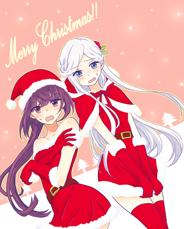 2girls akatsuki_(log_horizon) bare_shoulders belt blue_eyes christmas elbow_gloves gloves hat log_horizon long_hair looking_at_viewer merry_christmas multiple_girls ponytail purple_hair red_legwear reineshia ribbon santa_costume santa_hat small_breasts thighhighs tunami-koton violet_eyes white_hair zettai_ryouiki