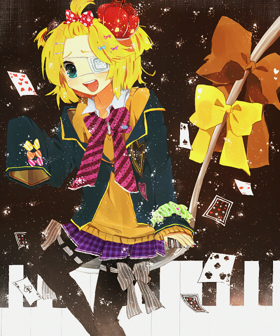 bad_id blonde_hair bow card eyepatch falling_card floating_card hair_bow hair_ornament hairclip instrument kagamine_rin pantyhose piano school_uniform short_hair skirt smile solo usamito vocaloid