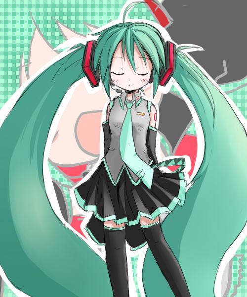 1girl absurdly_long_hair arms_behind_back blush closed_eyes green_hair hatsune_miku necktie shichinose skirt smile solo thighhighs twintails vocaloid