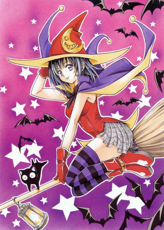 broom cat hat kirisaki_kyoko kirisaki_kyouko_(toloveru) purple_legwear striped striped_legwear thighhighs to_love-ru toloveru witch witch_hat yabuki_kentaro
