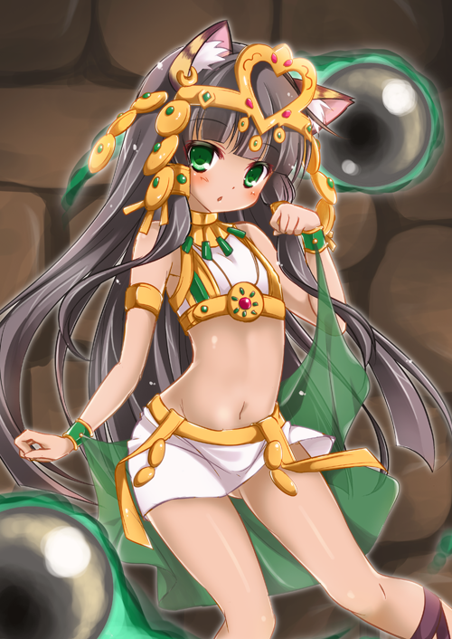 1girl animal_ears bastet_(p&amp;d) black_hair cat_ears cat_tail cross-laced_footwear crown dark_skin egyptian green_eyes jewelry long_hair midriff open_mouth puzzle_&amp;_dragons rinka_(yuyutei) solo tail