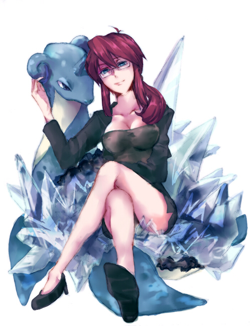 breasts cleavage collarbone crossed_legs glasses high_heels ice jacket kanna_(pokemon) lapras legs lips mirrrrr nintendo pokemon ponytail red_hair redhead shoes sitting skirt