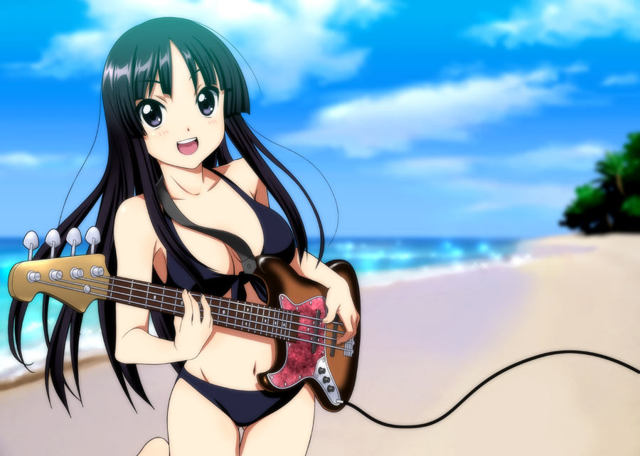 bass_guitar beach bikini black_eyes black_hair guitar hands instrument k-on! long_hair solo soshina_nohito swimsuit
