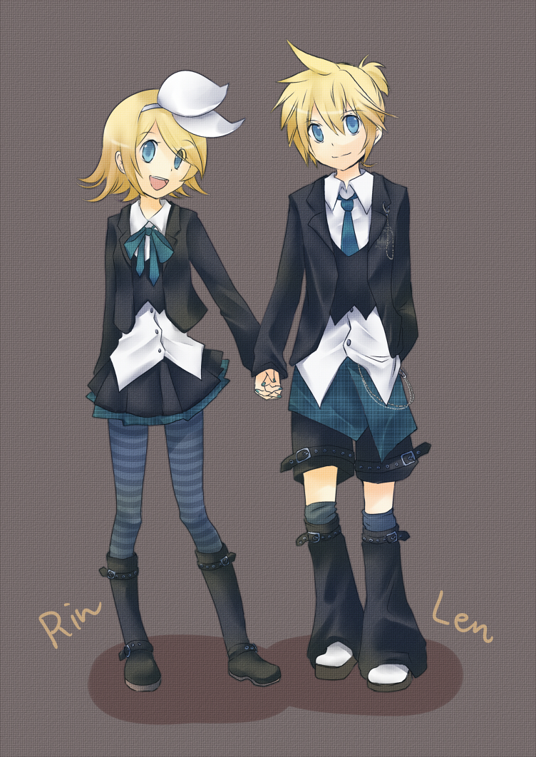 ahoge blue_legwear hair_ribbon hand_holding kagamine_len kagamine_rin matsumaro necktie pantyhose ribbon short_hair shorts siblings skirt striped striped_legwear twins vocaloid